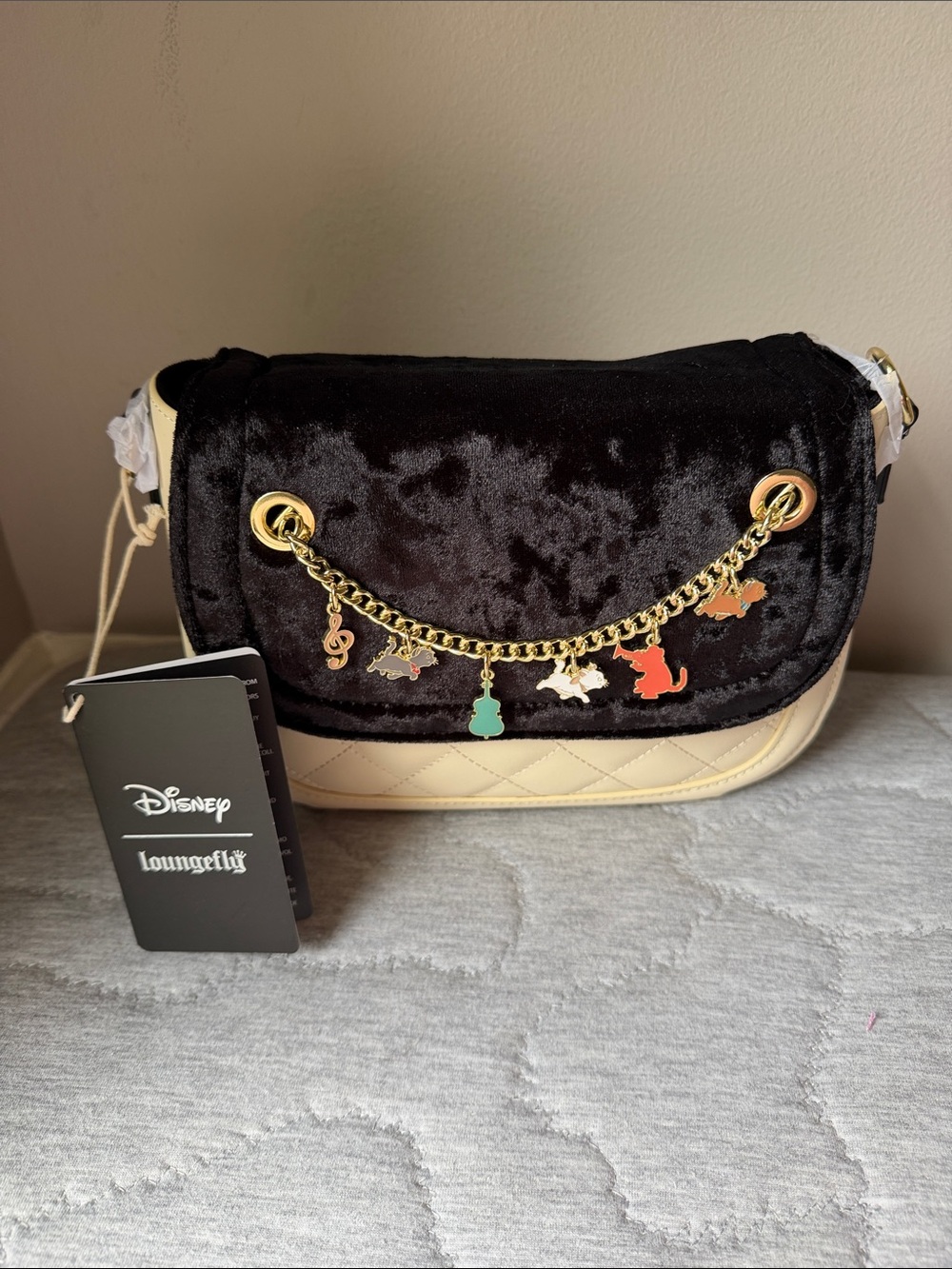 Loungefly Disney Aristocats Black Velvet & Cream Crossbody with Gold Charm Chain